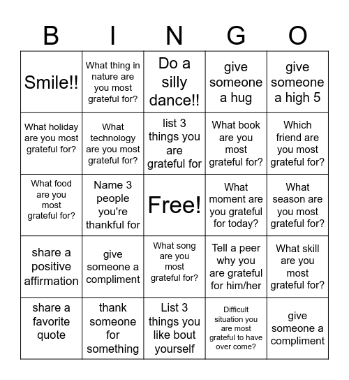 GRATITUDE BINGO Card