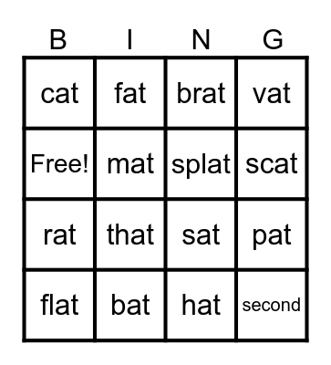 -at Word Family Bingo Card
