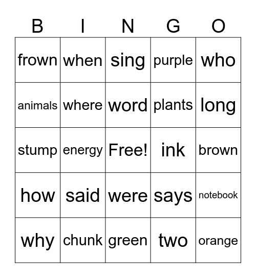 Sight Words Bingo Card