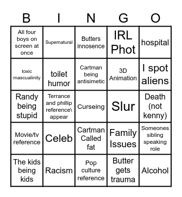south park Bingo Card