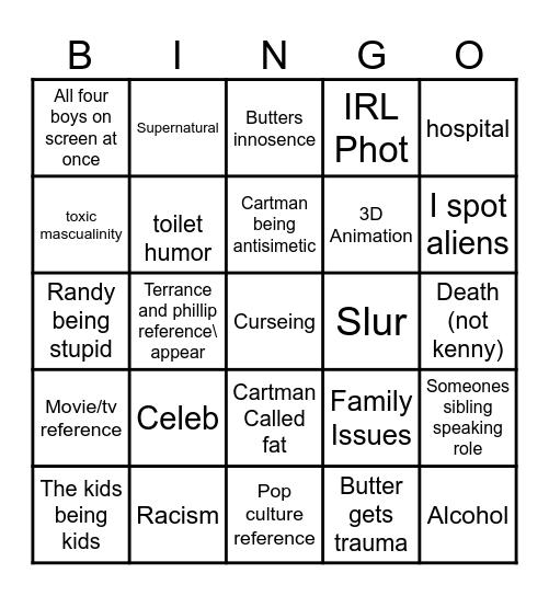 south park Bingo Card