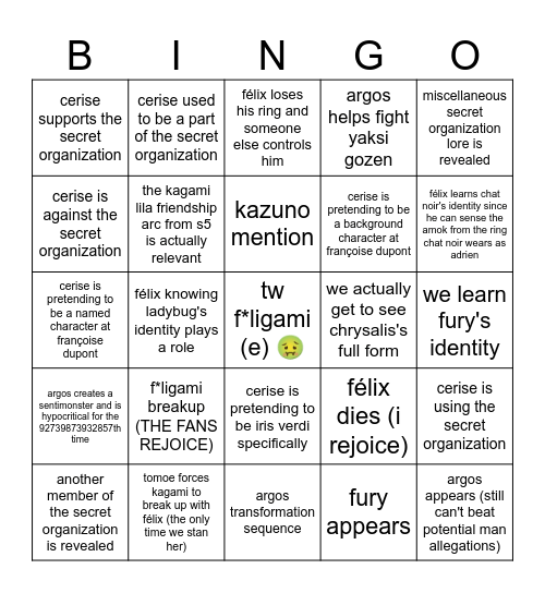 Miraculous Ladybug 6x13 Yaksi Gozen Predictions Bingo Card