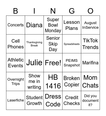 Principal Bingo Card