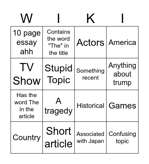 Wikipedia Bingo Card