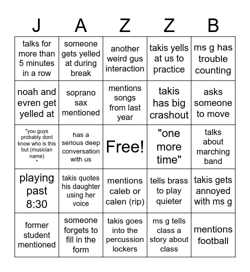 Jazz Band Bingo Card