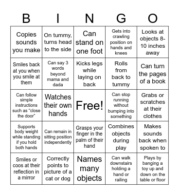 Developmental Milestones Bingo Card