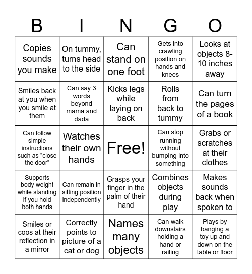 Developmental Milestones Bingo Card