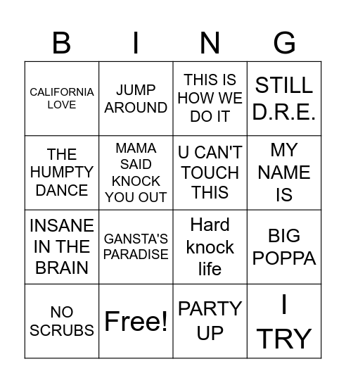 90'S HIP HOP Bingo Card