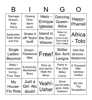 Pop Music Bingo Card