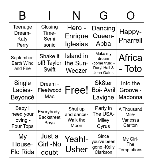 Pop Music Bingo Card