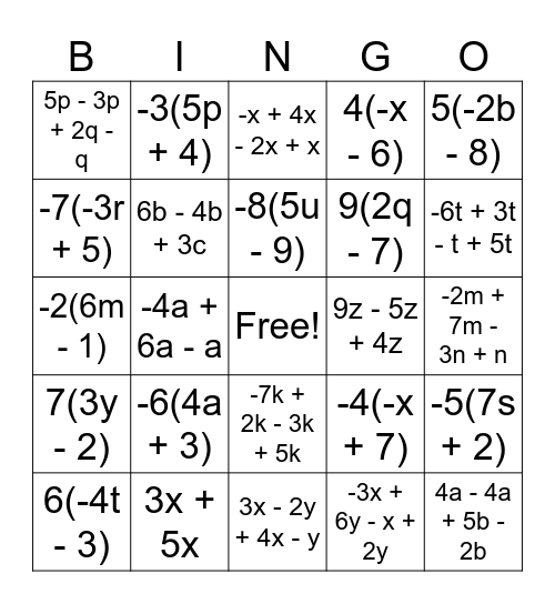Combine Like Terms and Distributive Property Bingo Card
