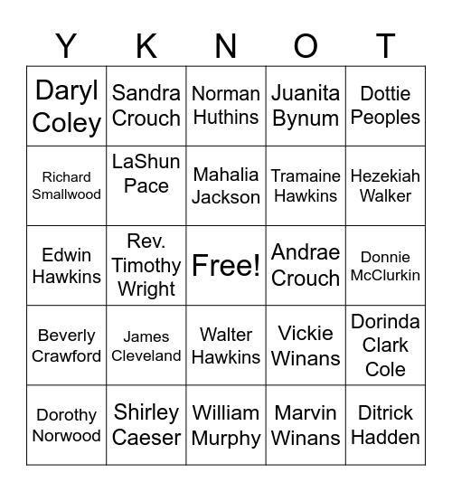 Gospel Classics Bingo Card