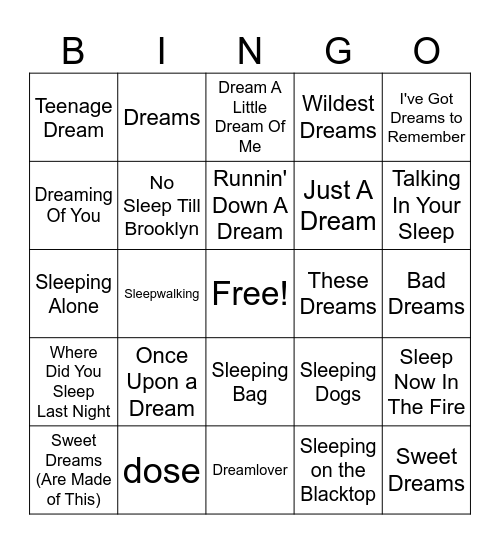 Sleepwalking Bingo Card