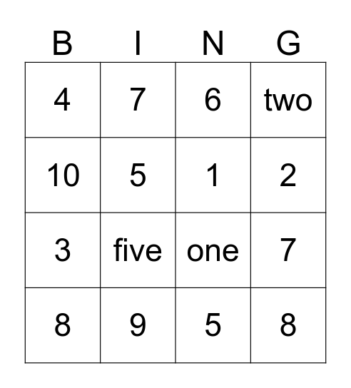 NUMBER BINGO Card
