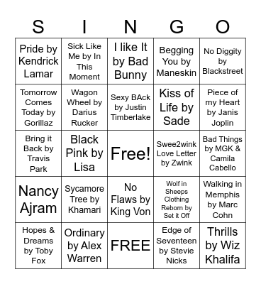 11G SINGO SONGS Bingo Card
