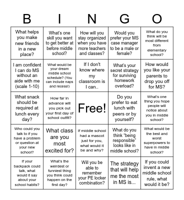 BINGO - Middle School Scaries Edition Bingo Card
