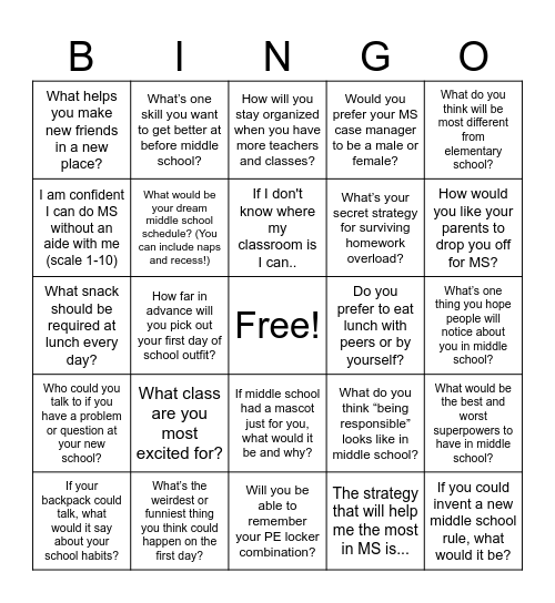 BINGO - Middle School Scaries Edition Bingo Card