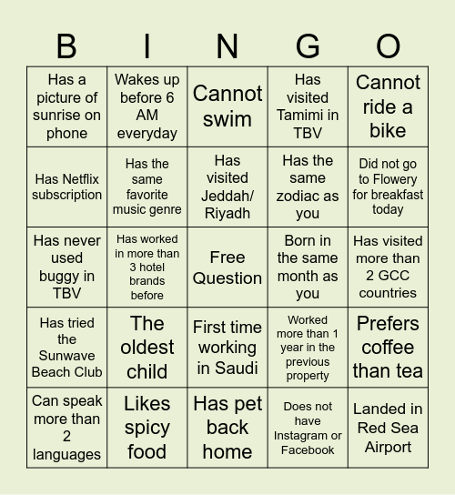 Miraval Onboarding Bingo Card