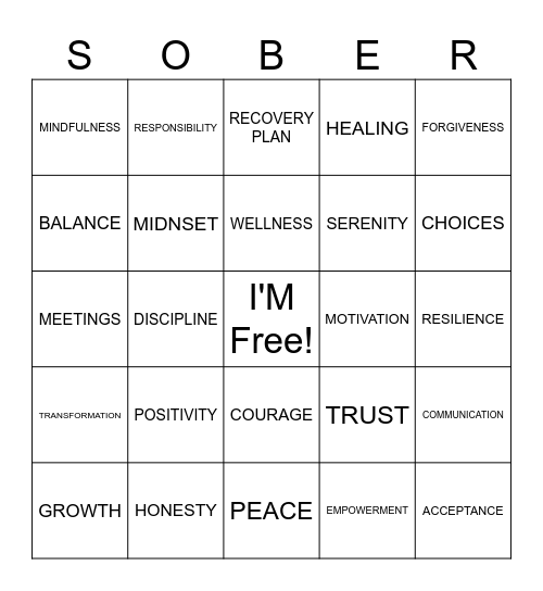 Recovery Bingo Card