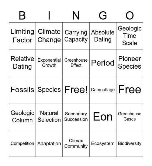 Natural Selection Bingo Card