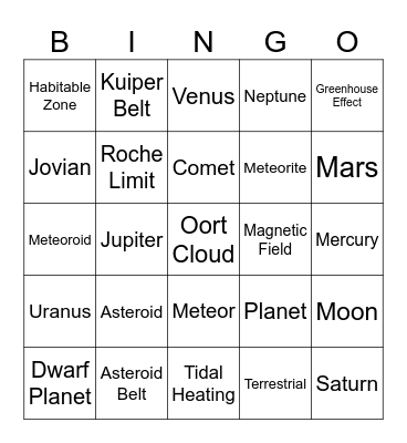 Solar System Bingo Card