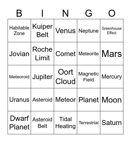 Solar System Bingo Card
