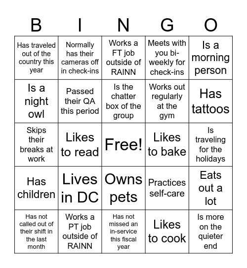 Name That Staffer Bingo Card