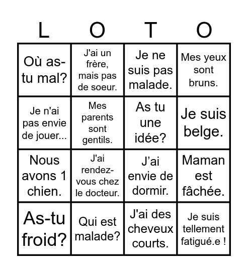 Phrases avec avoir/être Bingo Card