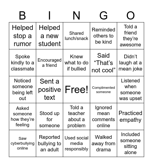 Bullying Bingo Card