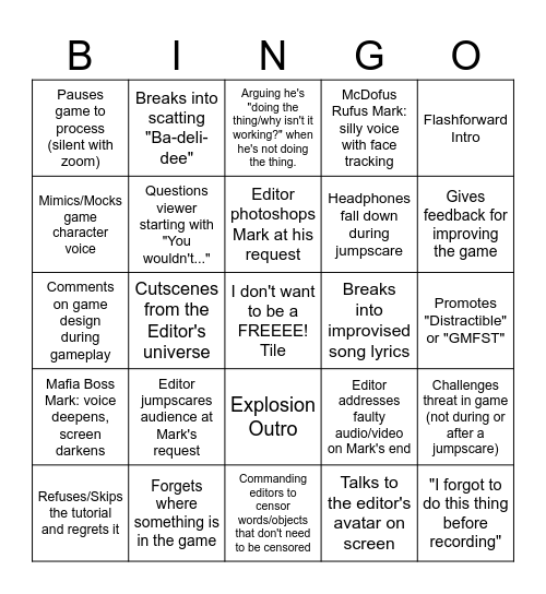 Markiplier Bingo Chart Bingo Card