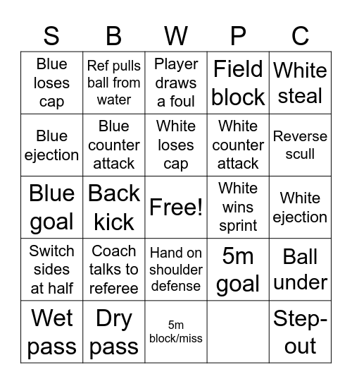 Water Polo Bingo Card
