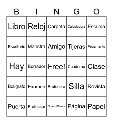 Spanish School Supplies Bingo Card