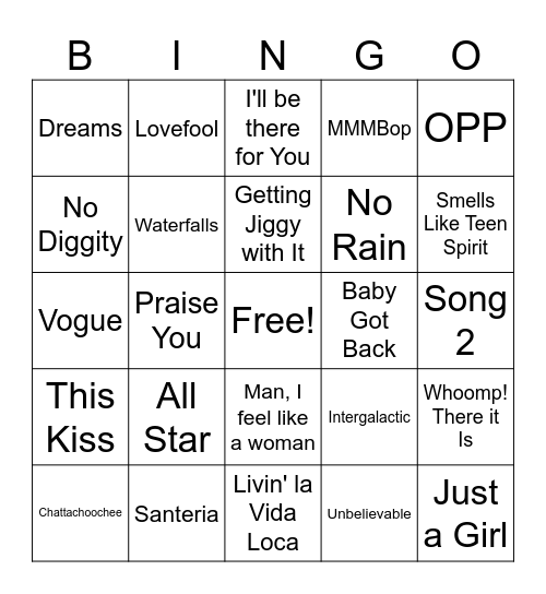 Round 2: 90's Hits Bingo Card