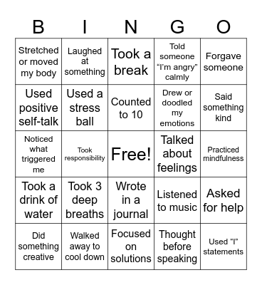 Anger Management BINGO Card