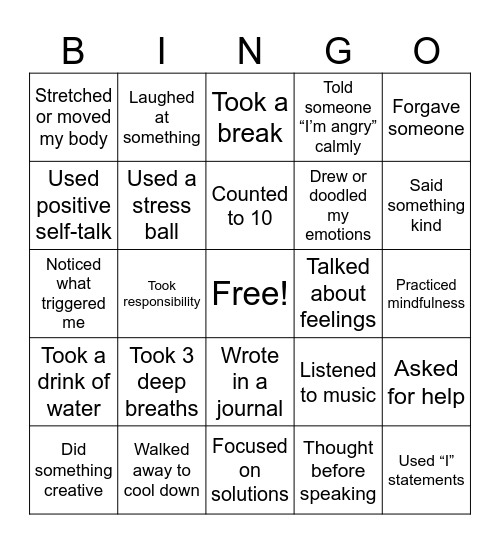 Anger Management BINGO Card