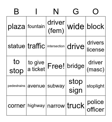 Driving & Directions Bingo Card