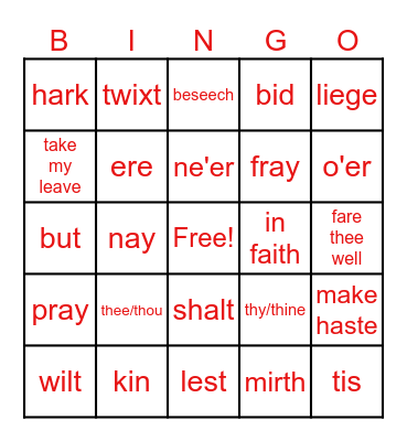 Shakespearean English 5 x 5 Bingo Card