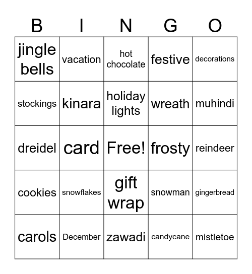 Reverse Holiday BINGO Card