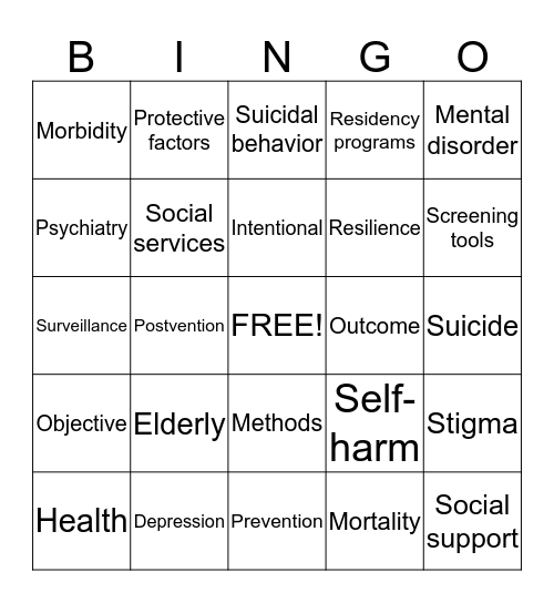 Suicide Prevention Bingo Card