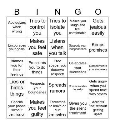 Unhealthy v. Healthy Relationship Bingo Card