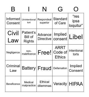 Ethics and Law Bingo Card