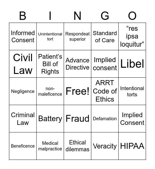 Ethics and Law Bingo Card