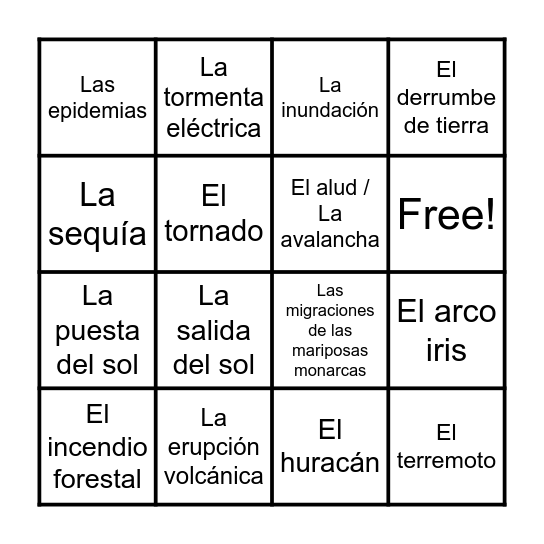 Los fenómenos naturales Bingo Card