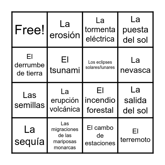 Los fenómenos naturales Bingo Card