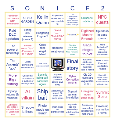 Sonic Frontiers Sequel Predictions Bingo Card