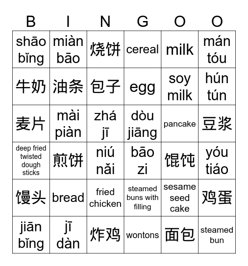 ZB1 - U4LC - Food Vocab - [Eng-PY] / PY-Eng / HZ-PY+HZ] Bingo Card