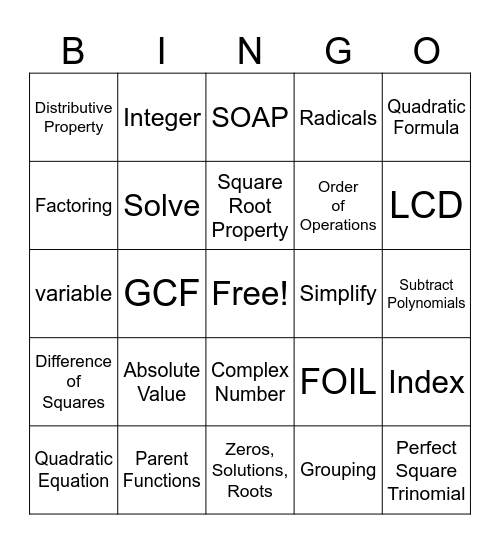 MAT1033 Test 3 Bingo Card