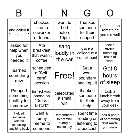 Self-care BINGO Card