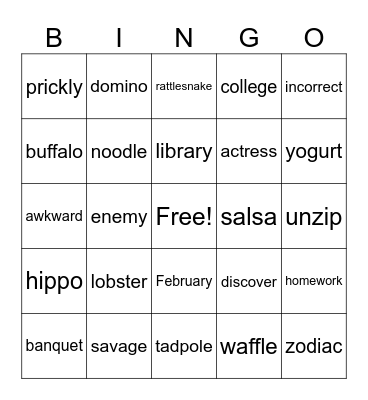 Spelling Bingo 1 Bingo Card