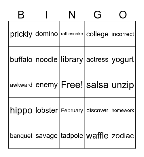 Spelling Bingo 1 Bingo Card